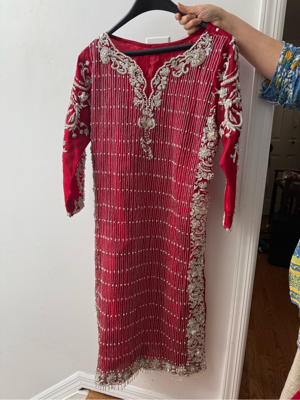 Red handmade Women's shalwar Kameez Fancy Lux embroidery Silver Beading 3 piece